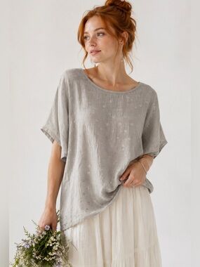 NEW Listing! Sage Green Silver Embroidered Scoop-Neck Tunic Top, Linen & Cotton